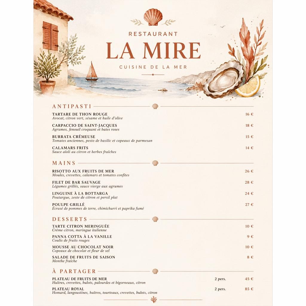 Carte des vins A4 en portrait pour restaurant la mire, style aquarelle crème chaude et rouille, en-tête décoratif et colonne de prix.