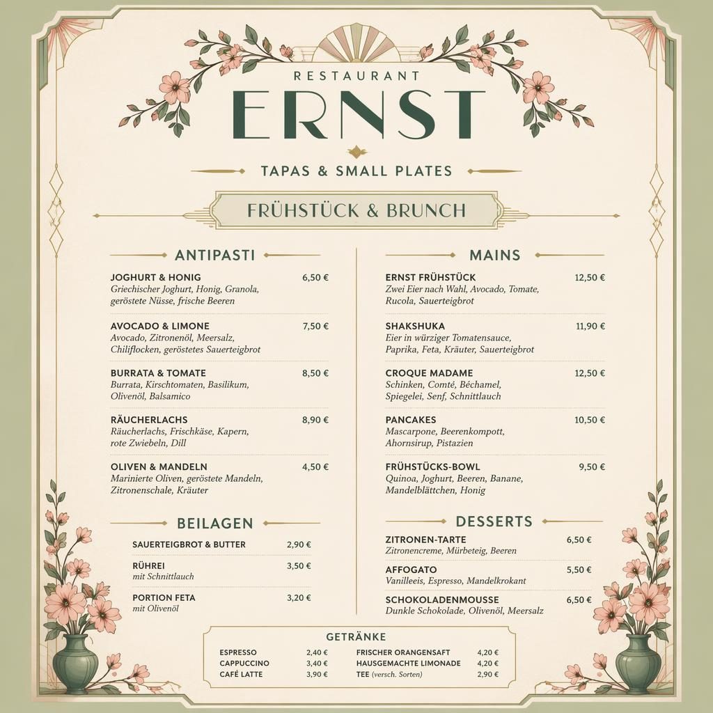 A4-Menükarte für Restaurant Ernst im Hochformat, Vintage-1920er-Stil, frische Frühlingsfarben, Brunch-Gerichte und Preise.
