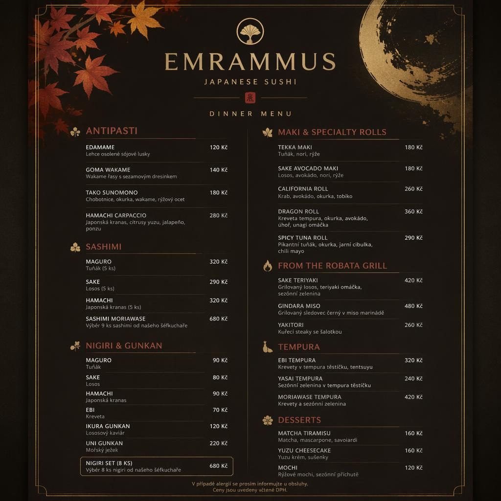Tisková A4 karta emrammus menu pro večeři, luxusní sushi design, podzimní paleta, dekorativní záhlaví a ceny.