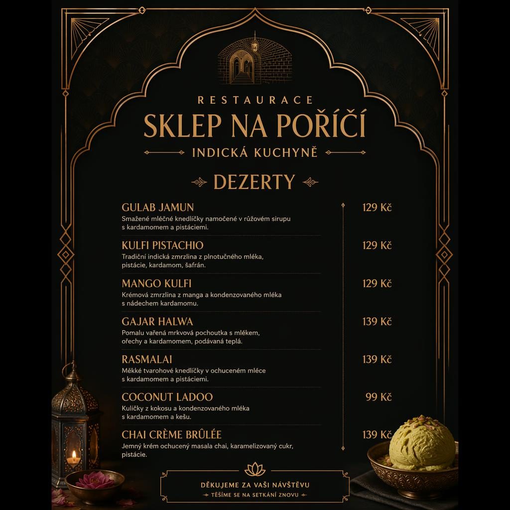 Tisková dezertní menu karta A4 pro restaurace sklep na poříčí v art deco stylu s tmavou náladovou paletou a cenami.