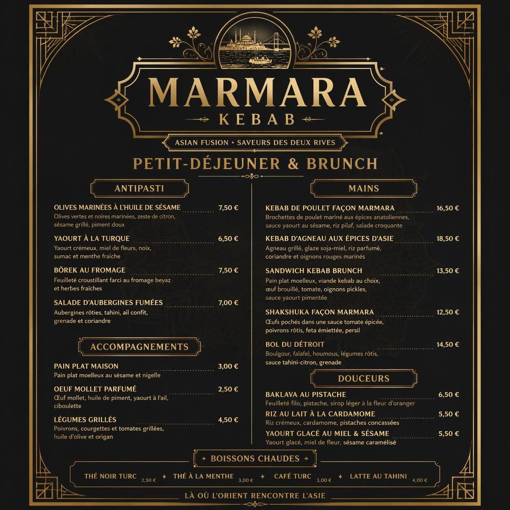 Carte de menu A4 portrait style années 1920, noir et or, avec en-tête décoratif, rubriques et colonne de prix.