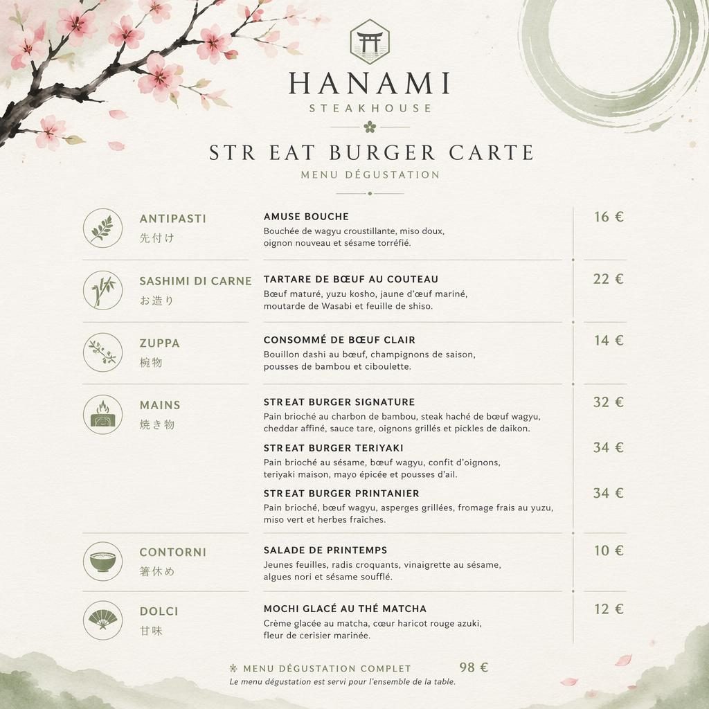 Carte de menu A4 portrait pour steakhouse, style kaiseki japonais, palette printanière, en-tête décoratif et colonne de prix.