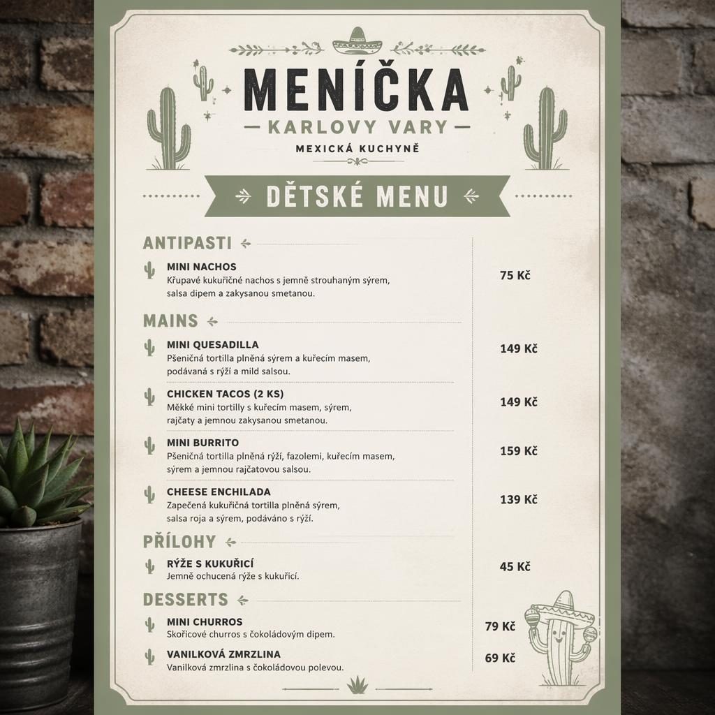 A4 karta dětského mexického menu v industriálním loft stylu, šalvějová a slonovinová paleta, ceny a dekorativní záhlaví