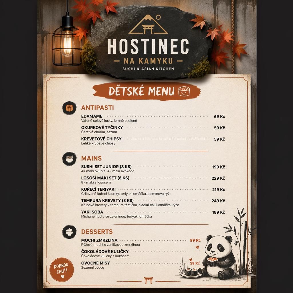 A4 dětské sushi menu pro hostinec na kamyku, industriální loft styl, podzimní paleta, dekorativní záhlaví a ceny.