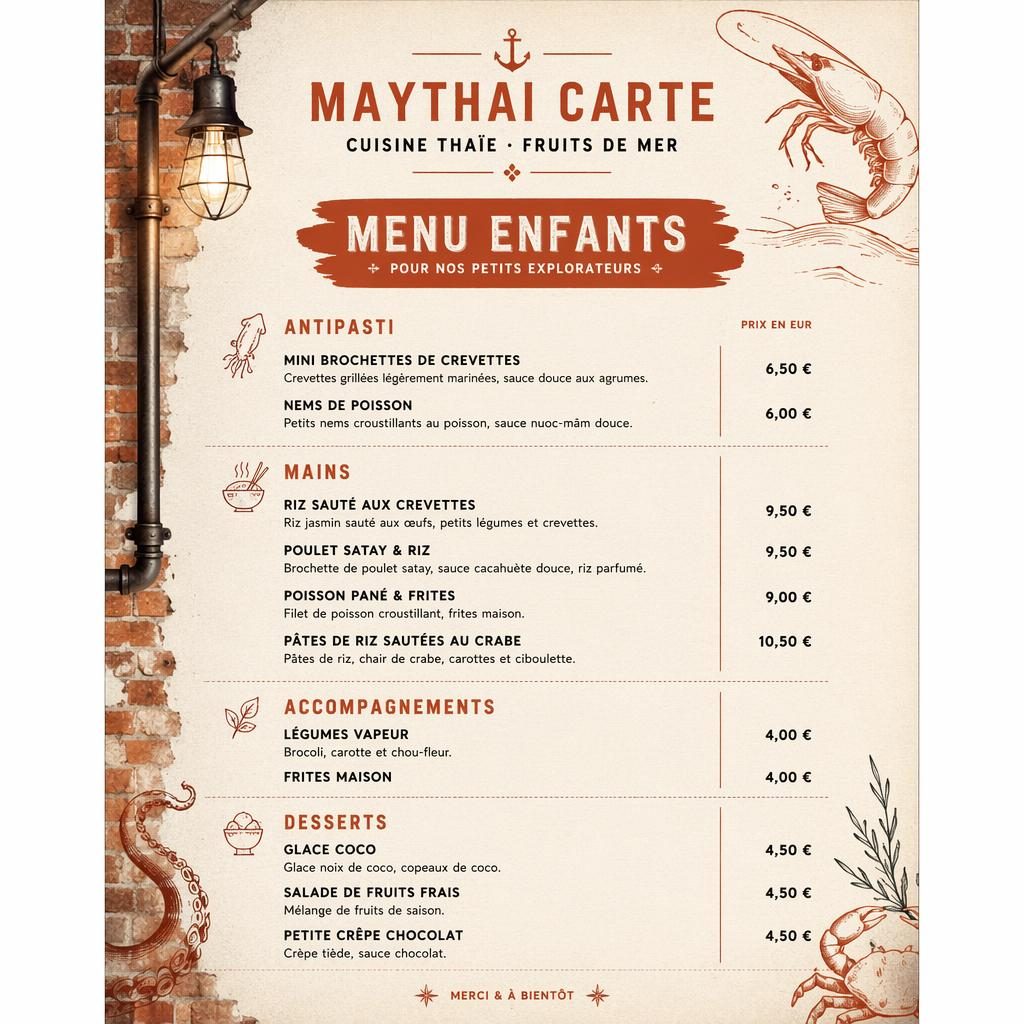 Carte de menu enfant maythai carte en format A4 portrait, palette crème chaude et rouille, style loft industriel.