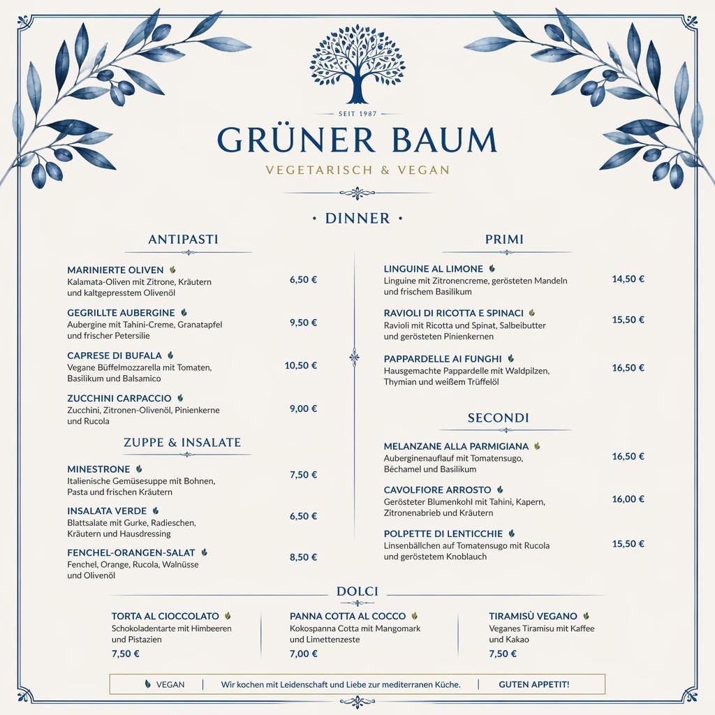 A4-Menükarte für restaurant grüner baum in Blau und Creme, Fine-Dining-Layout mit Rubriken, Gerichten und Preisen