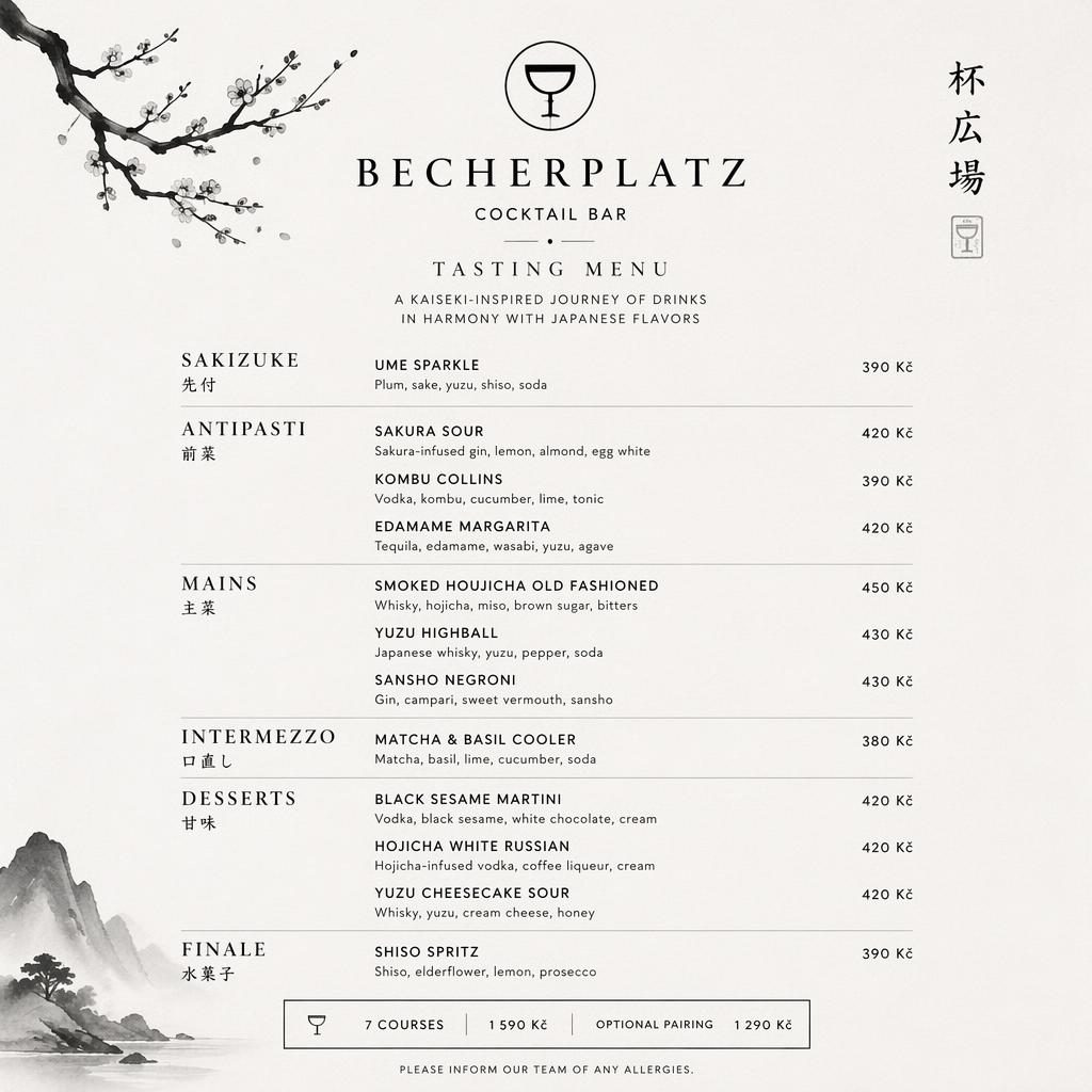 Minimalistický A4 jídelní lístek becherplatz menu v japonském kaiseki stylu, monochromní sazba a ceny.