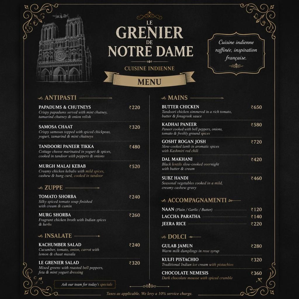 Carte de menu cocktails indienne au format A4, style ardoise sombre, en-tête décoratif, rubriques et colonne de prix.