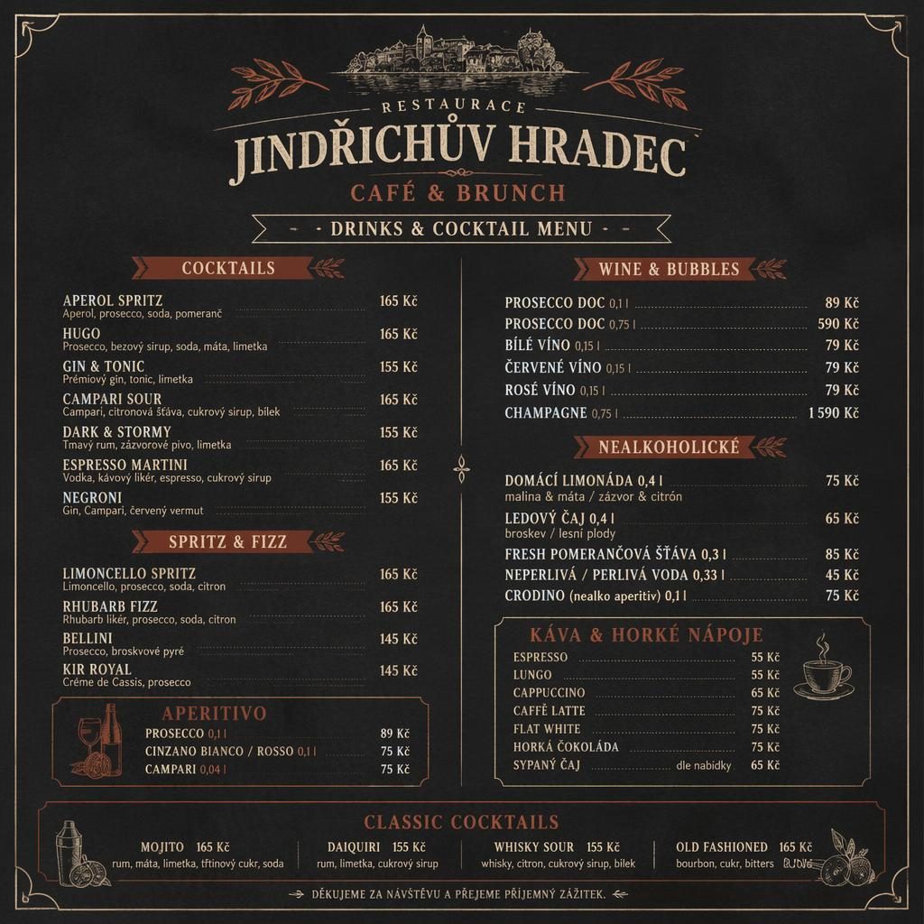 A4 menu karta na koktejly v křídovém stylu, krémovo-rezavá paleta, dekorativní hlavička a sloupec cen