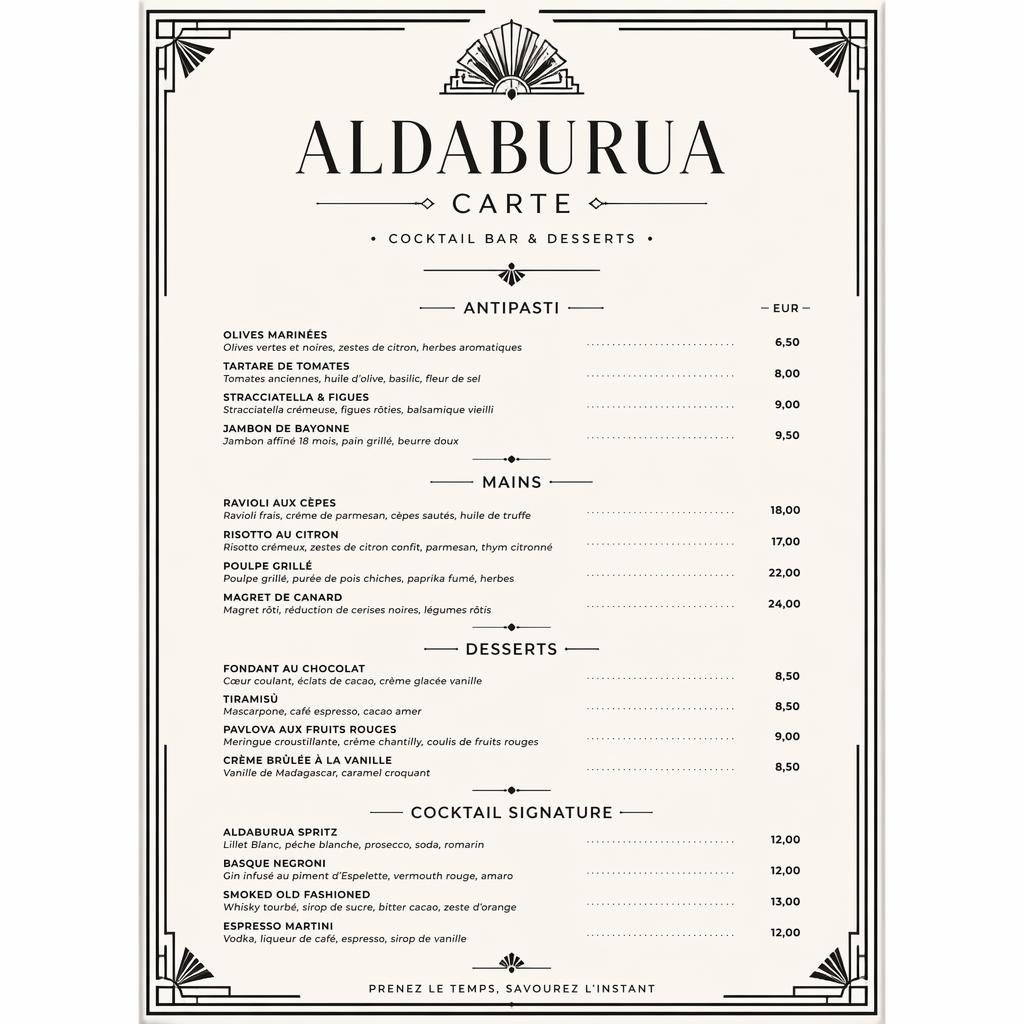 Carte de desserts A4 en portrait, style art déco monochrome, avec en-tête décoratif, typographie de menu et colonne de prix.