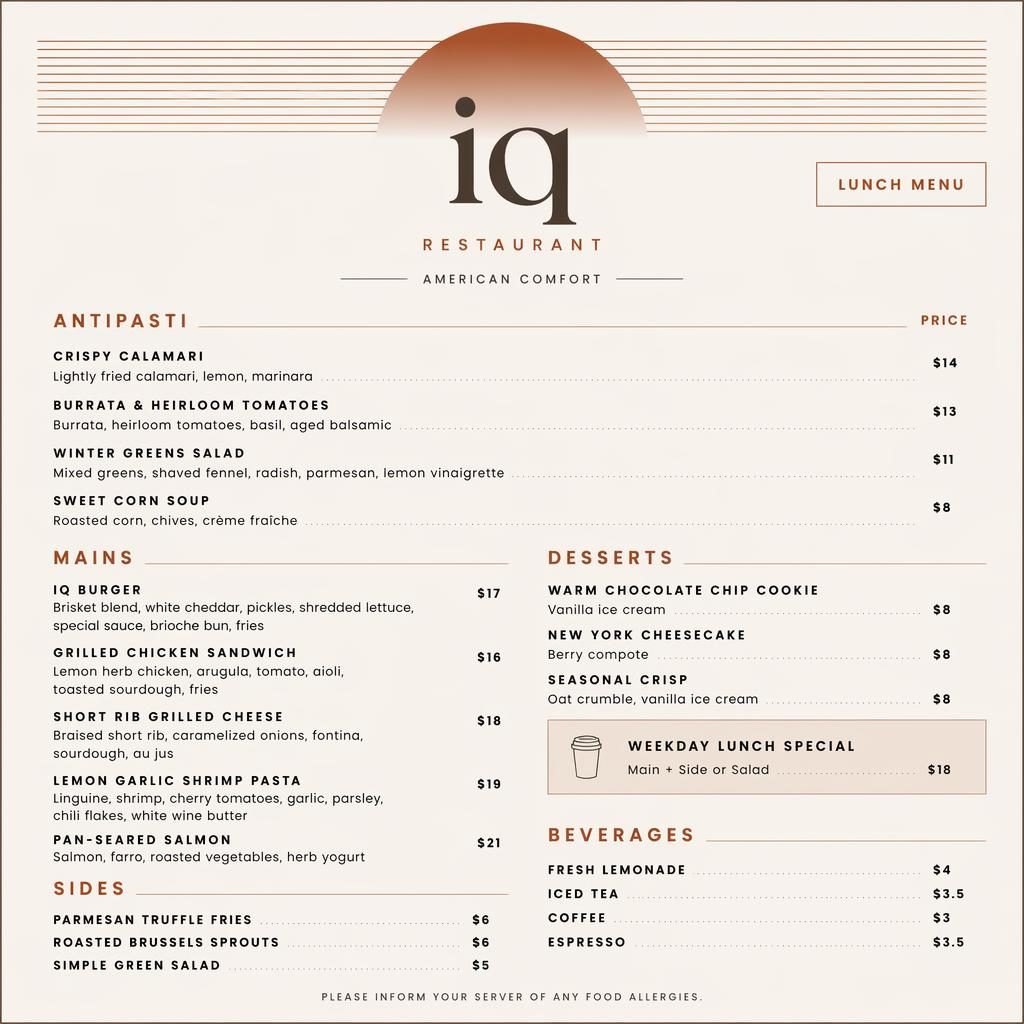 Minimalistický obědový jídelní lístek A4 na výšku pro iq restaurant menu v teplé zemitě paletě s cenovým sloupcem.