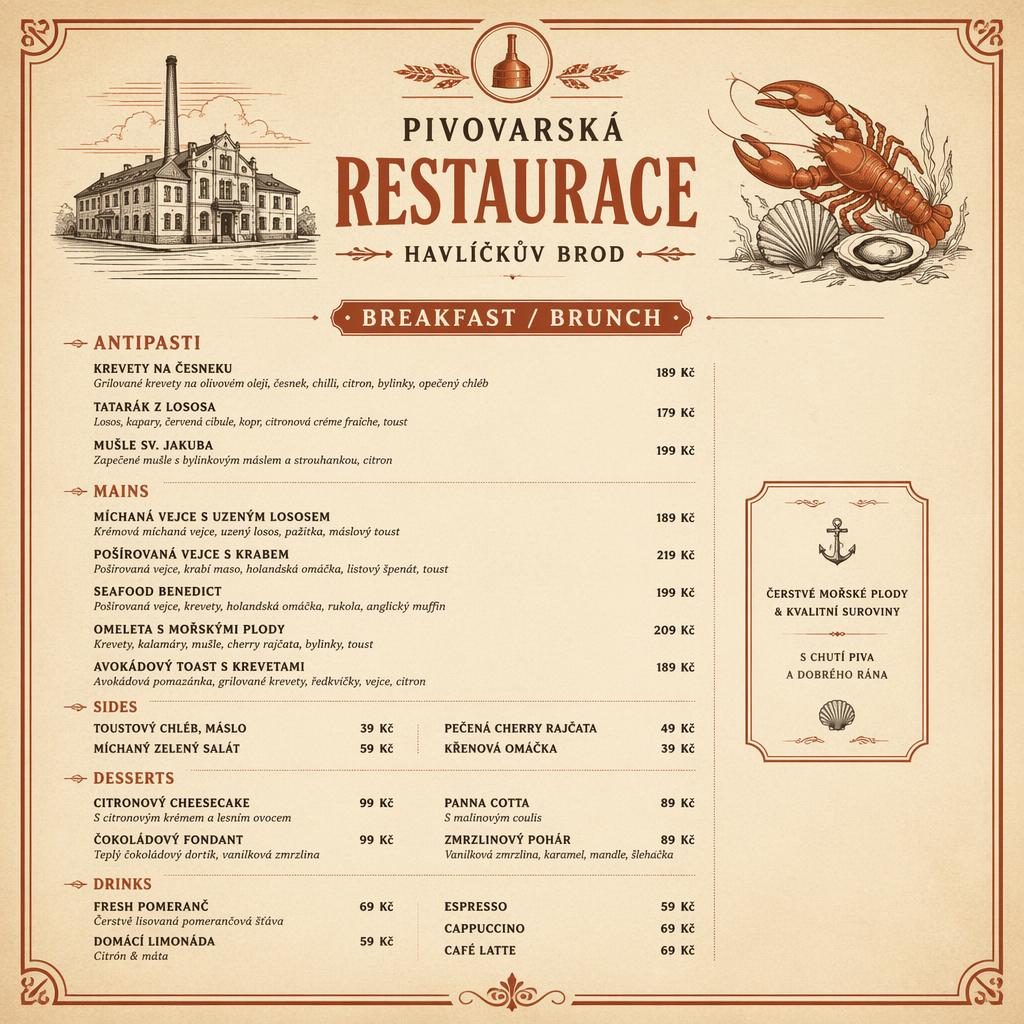 Vintage menu karta A4 pro pivovarská restaurace havlíčkův brod v krémové a rezavé paletě s cenami.