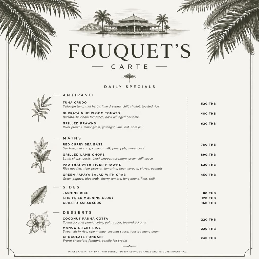 Carte de menu thaïe A4 en portrait, style resort tropical monochrome, en-tête décoratif, rubriques et colonne de prix.