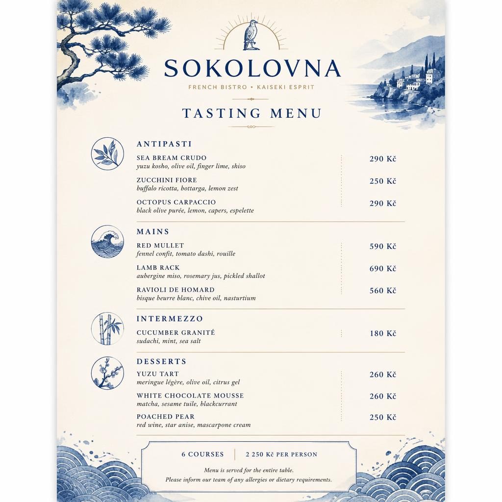 Tisková karta degustačního menu A4 na výšku pro francouzské bistro, modro-krémová paleta, dekorativní záhlaví a ceny.