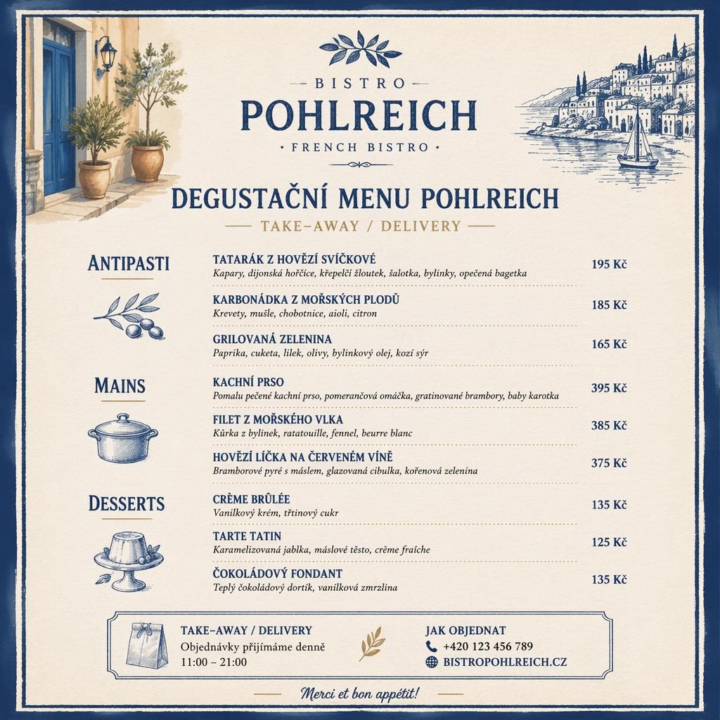 A4 menu karta francouzského bistra v rustikálním stylu, modro-krémová paleta, dekorativní záhlaví a sloupce cen.