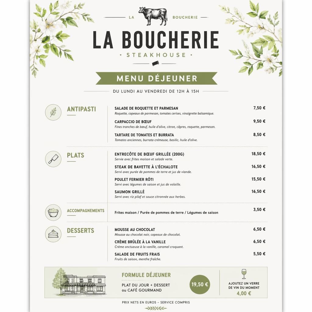 Carte de menu déjeuner A4 verticale, style suisse minimaliste, palette printanière, sections, plats et colonne de prix.