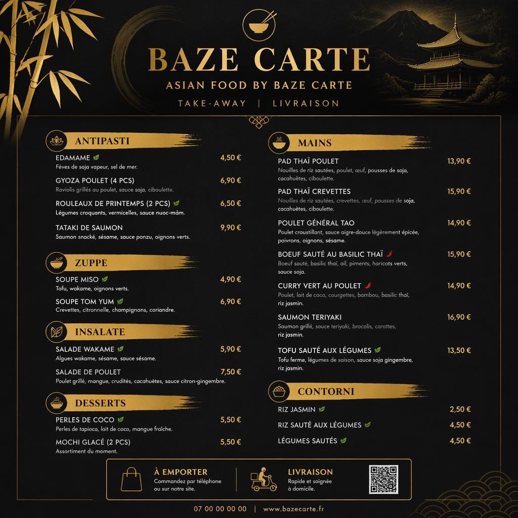 Carte de menu A4 en portrait, style rustique chic noir et or, avec en-tête décoratif, sections, plats fictifs et colonne de prix.