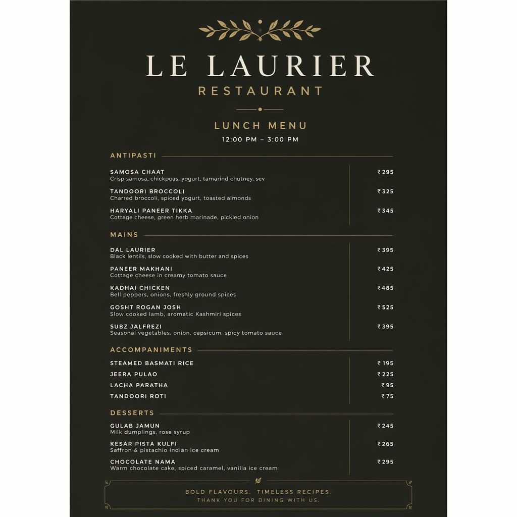 Carte de déjeuner A4 en portrait pour le laurier restaurant, style suisse minimaliste sombre, avec rubriques, plats et colonne de prix.