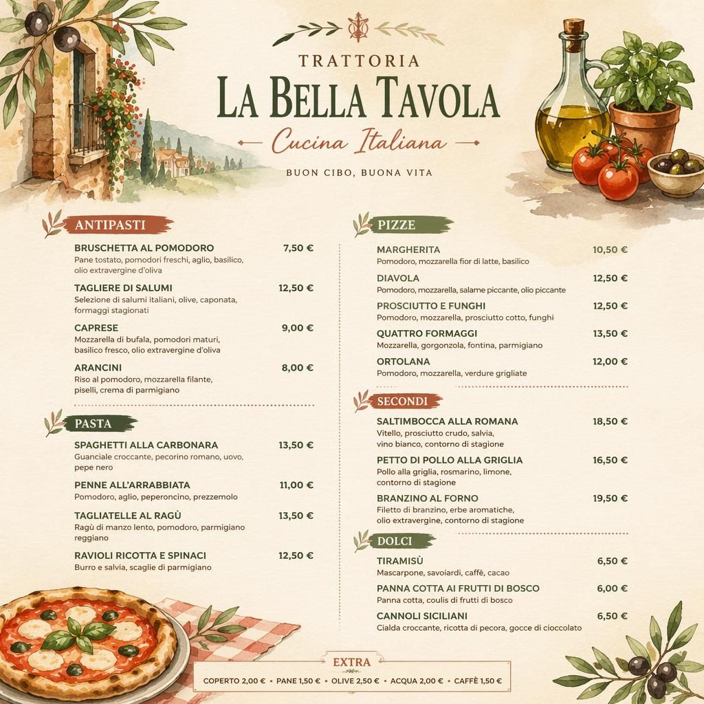Carte des vins italienne en format A4 portrait, style aquarelle aux tons terre chauds, avec en-tête décoratif et colonne de prix.