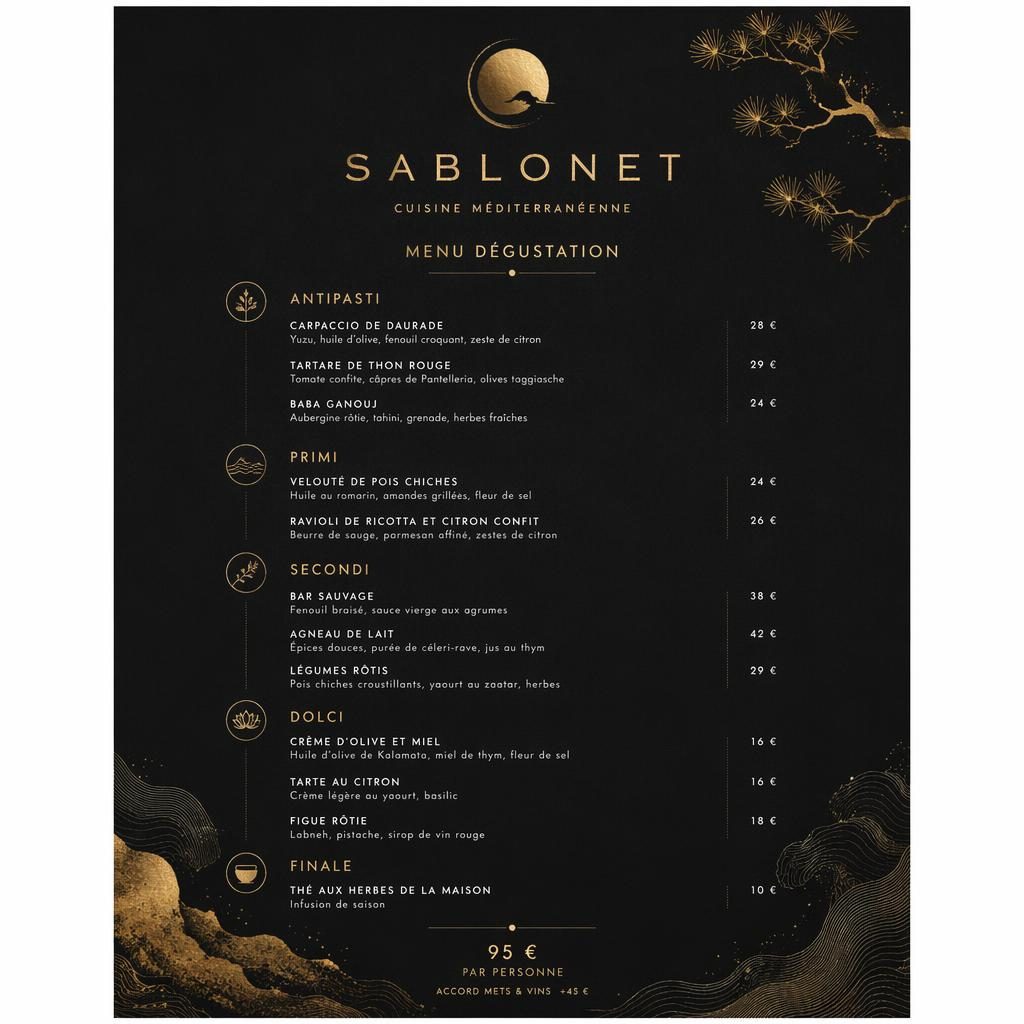 Carte de menu A4 en portrait pour restaurant sablonet, style kaiseki japonais noir et or, avec sections, plats et prix.