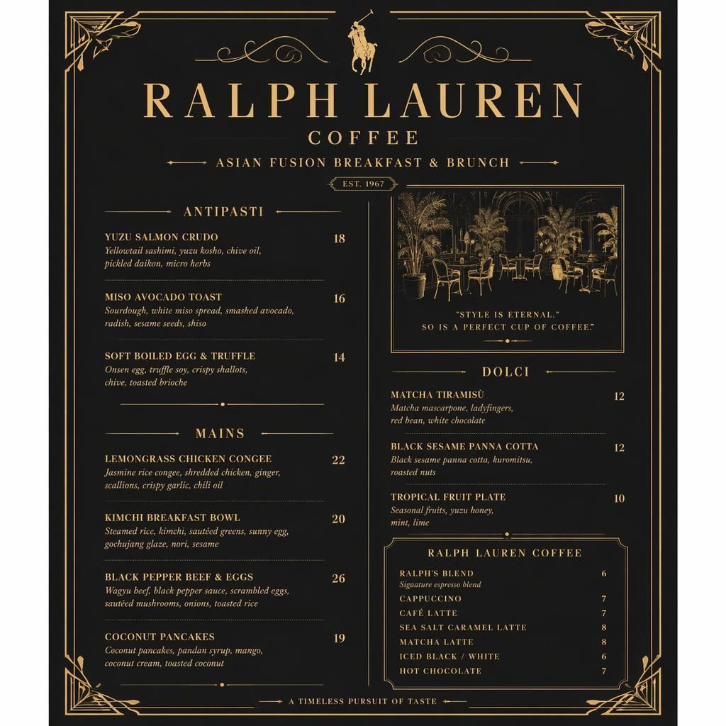 A4 portrait breakfast and brunch menu card in vintage 1920s black and gold style with decorative header, sections, dishes, and prices.