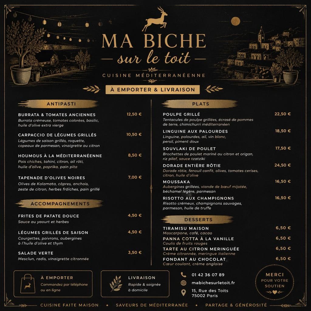Carte de menu A4 en portrait, style rustique chic noir et or, avec en-tête décoratif, rubriques et colonne de prix.
