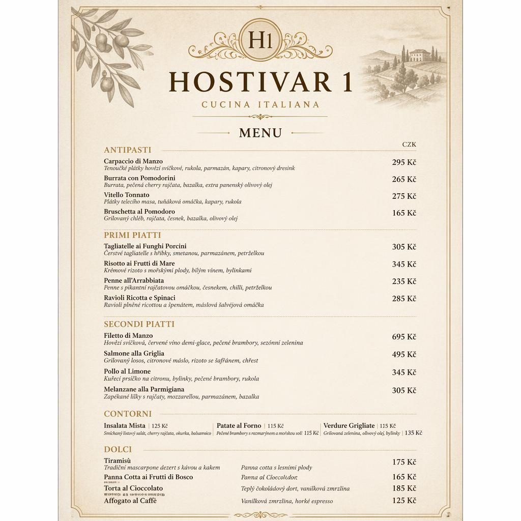 A4 menu karta na výšku pro hostivar 1 menu, italská večeře, teplé zemité tóny, elegantní sekce a sloupec s cenami.