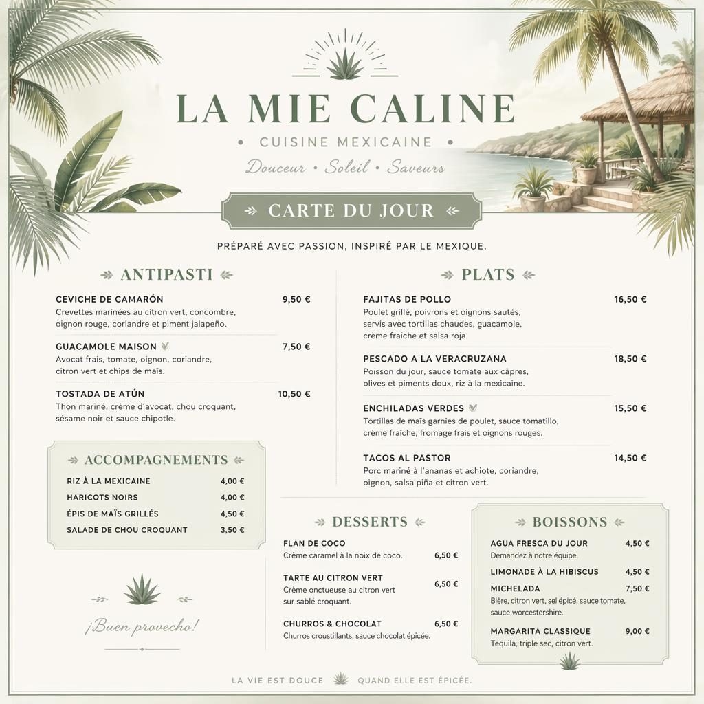 Carte du jour mexicaine A4 en portrait, style resort tropical vert sauge et ivoire, avec en-tête décoratif, sections et colonne de prix.