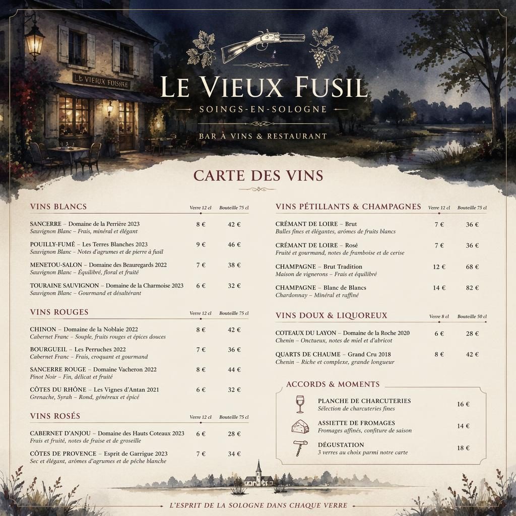 Carte des vins A4 en portrait, style aquarelle cosy sombre, avec en-tête décoratif, rubriques, typographie factice et prix.