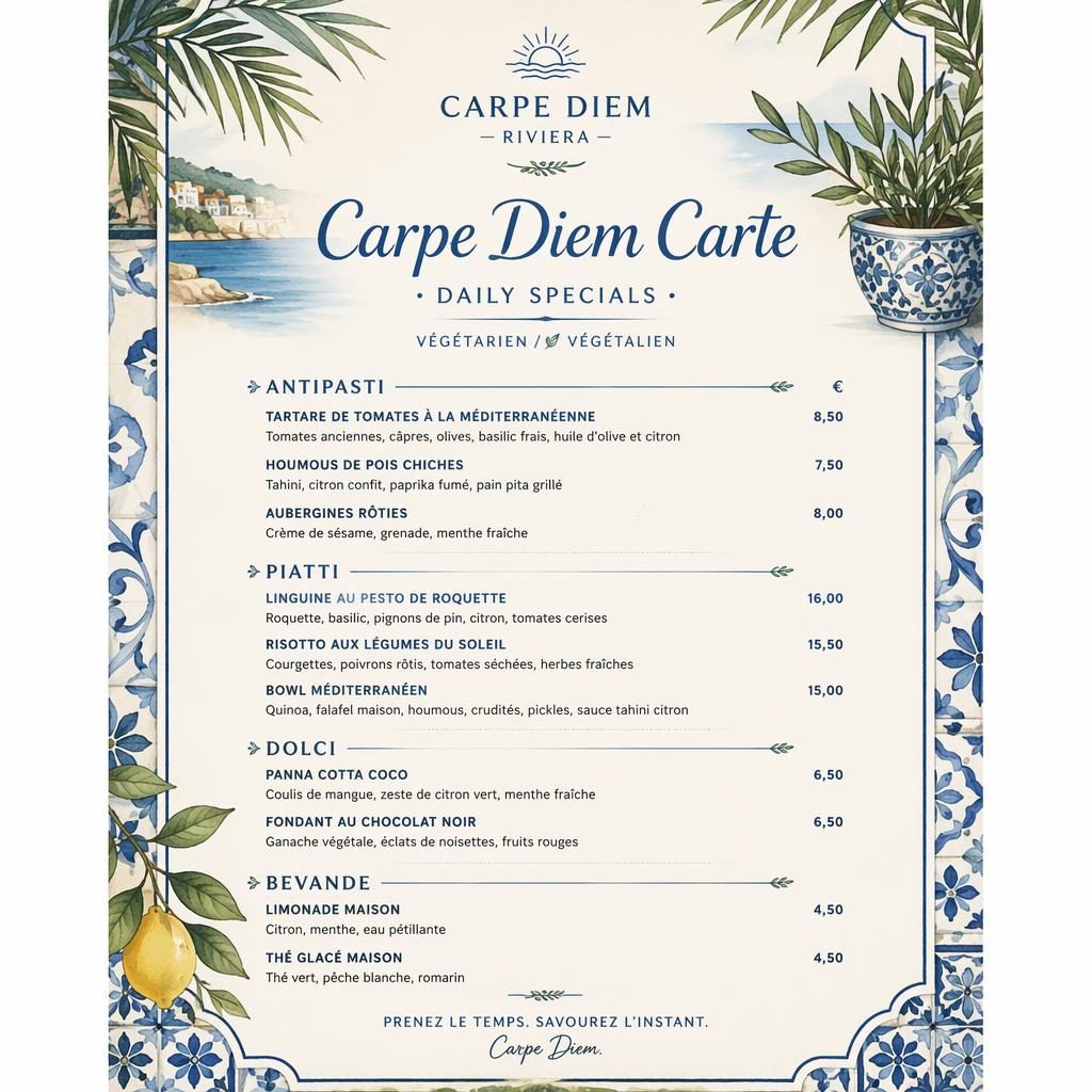 Carte de menu A4 en portrait, style resort tropical bleu méditerranéen et crème, avec rubriques, plats factices et colonne de prix.