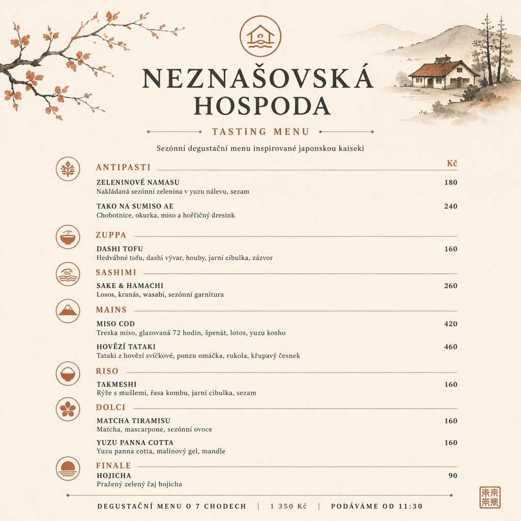 A4 menu karta pro Neznašovskou hospodu v teplé krémové a rezavé paletě, s dekorativní hlavičkou a cenami.