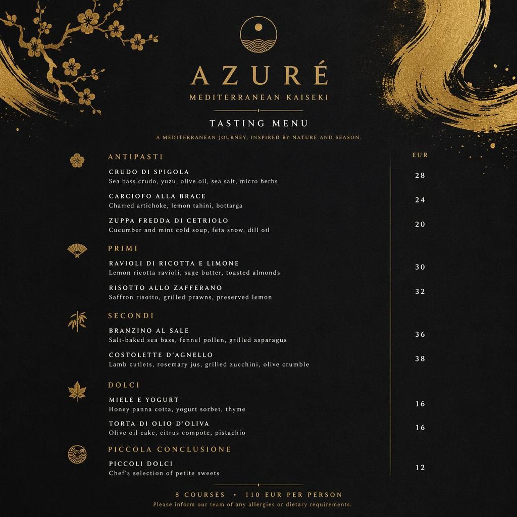 A4 portrait Mediterranean tasting menu card with black and gold luxury design, kaiseki-inspired layout, placeholder dishes and prices.