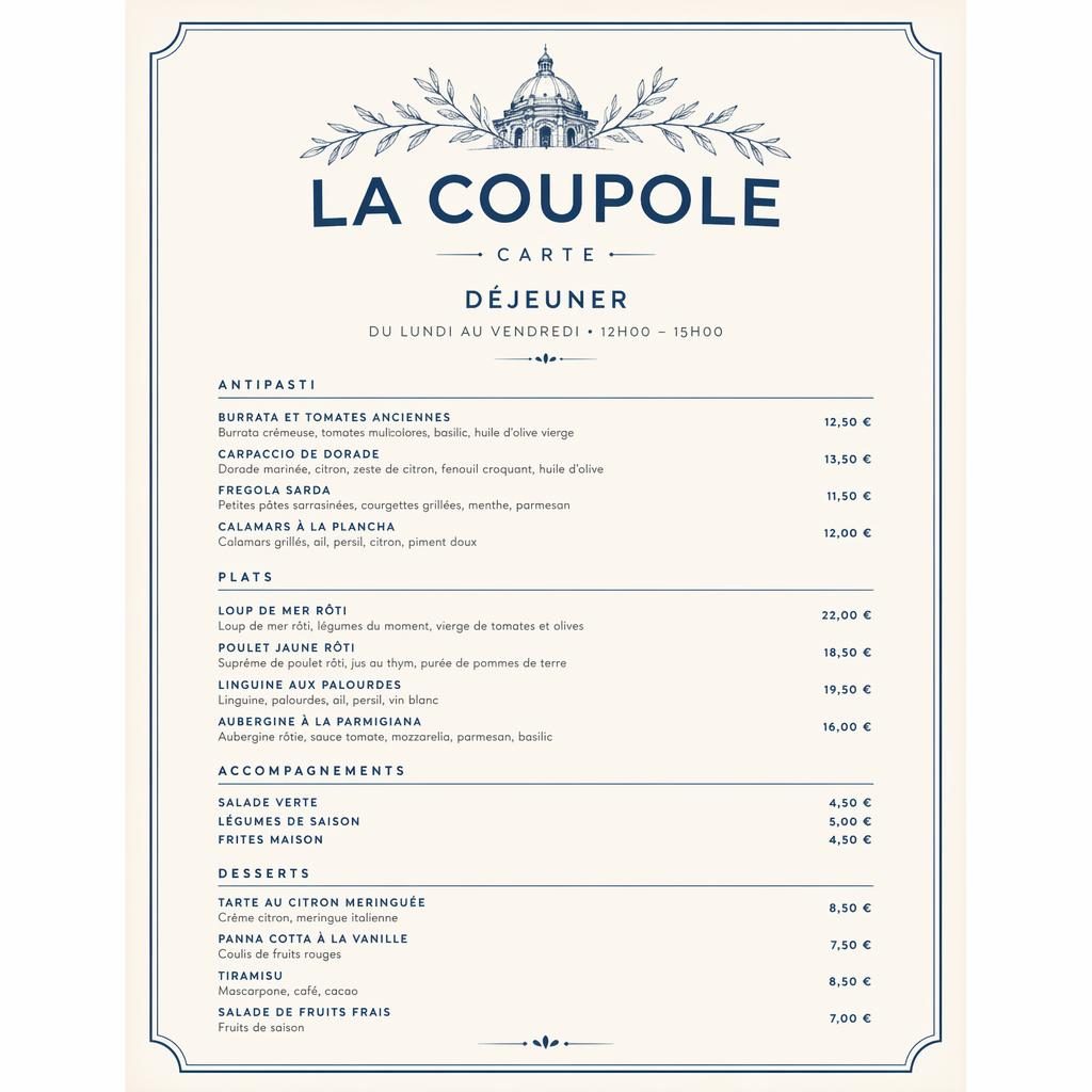 Carte de déjeuner A4 en portrait pour la coupole carte, style suisse minimaliste bleu méditerranéen et crème.