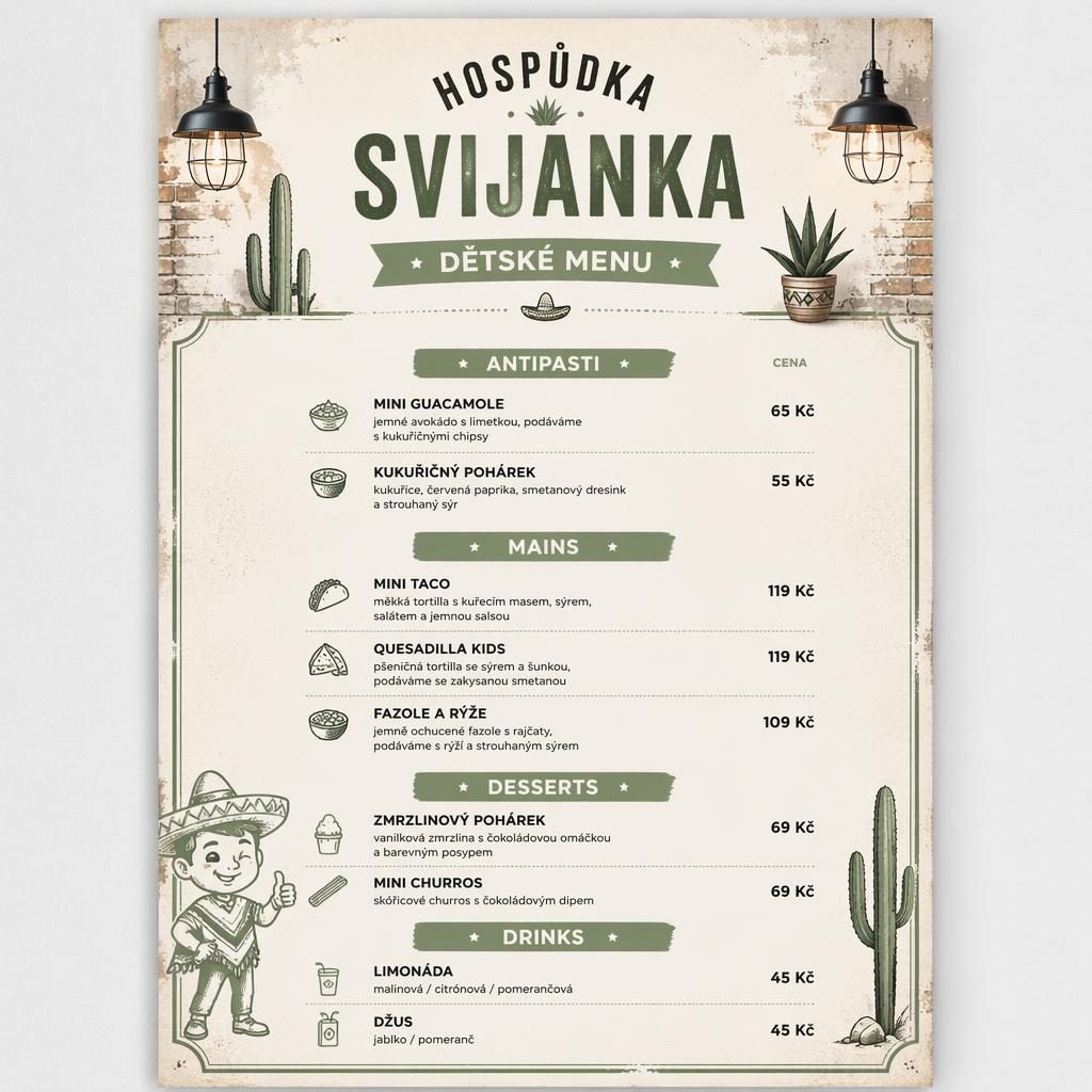 A4 karta dětského menu pro hospůdka svijanka v mexickém stylu, šalvějová a slonovinová paleta, ceny a sekce.