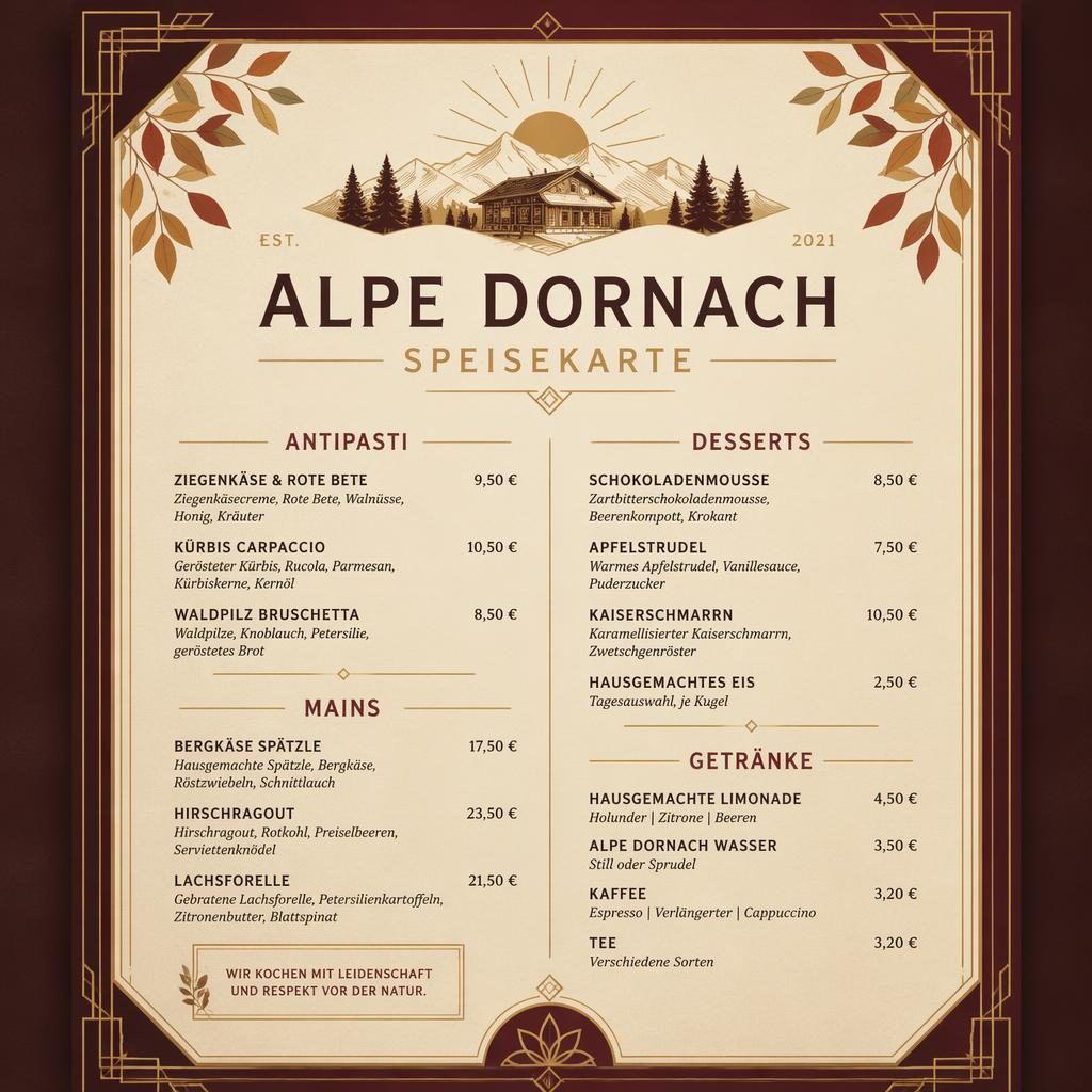 A4-Dessertkarte im Art-Déco-Stil für alpe dornach speisekarte, mit Zierkopf, Platzhaltertext und Preisspalte