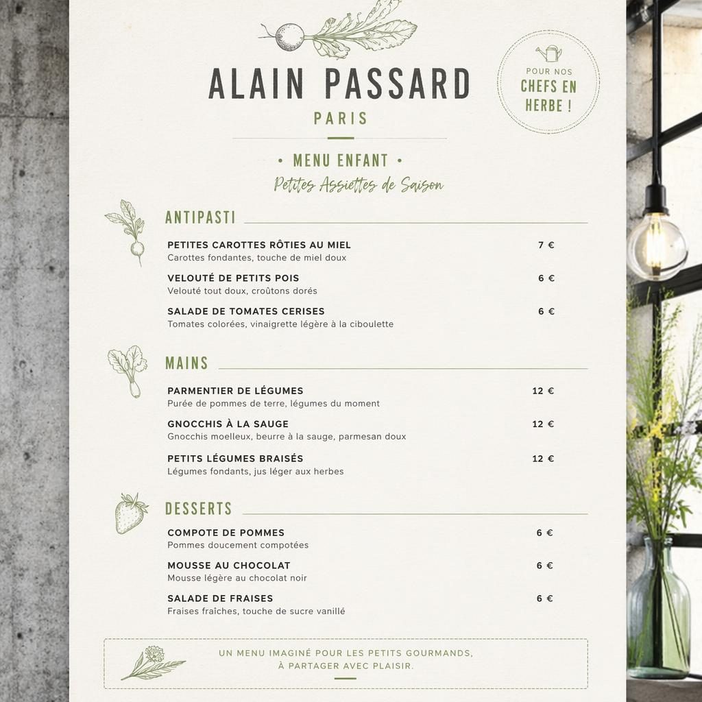 Carte enfant A4 en portrait, style loft industriel, palette printanière, rubriques, plats, desserts et colonne de prix.