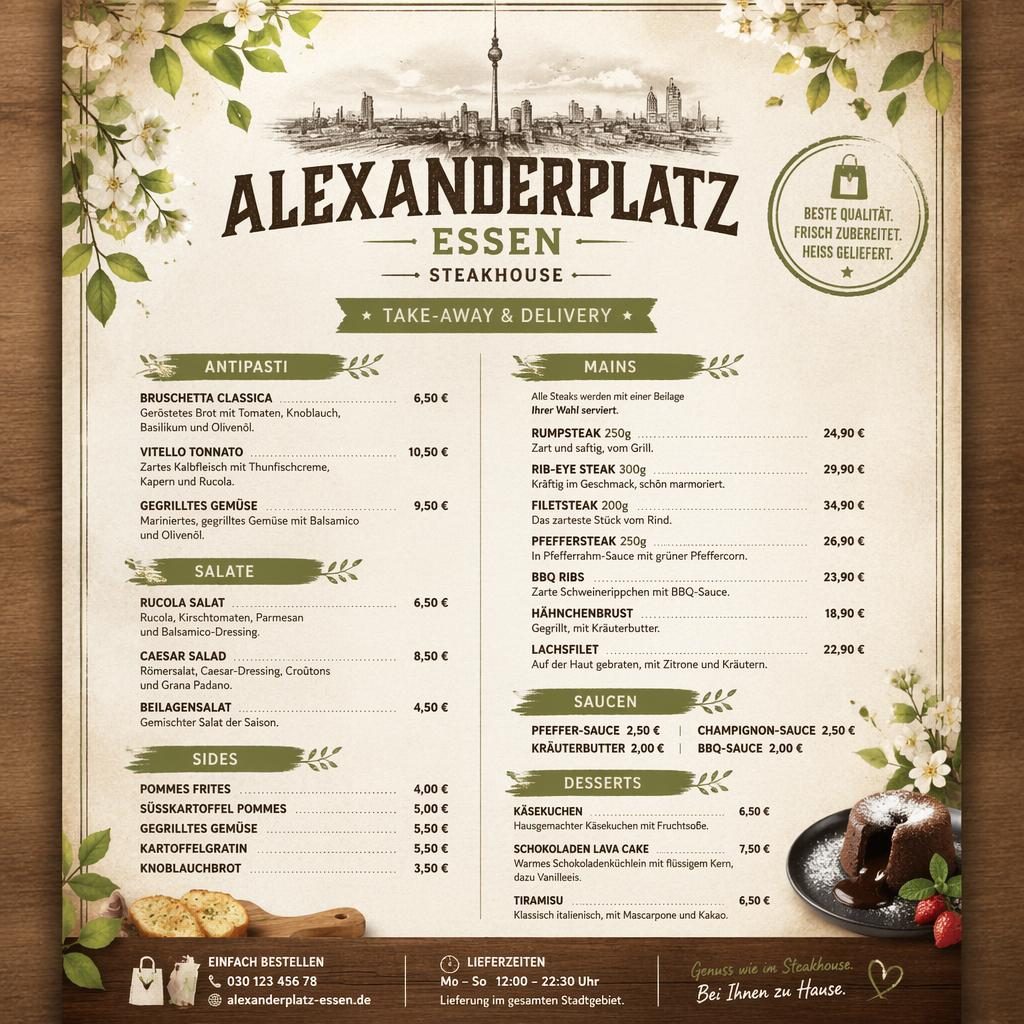 A4-Menükarte im rustikal-warmen Steakhouse-Stil mit Frühlingsfarben, Rubriken, Platzhaltertext und Preisspalte
