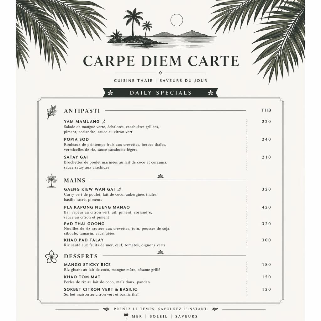 Carte de menu thaïe A4 en portrait, style resort tropical monochrome, avec en-tête décoratif, rubriques et colonne de prix.