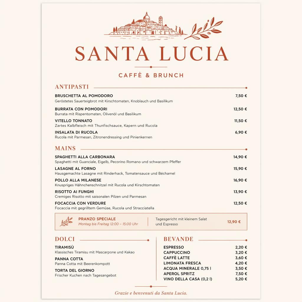 Minimalistische A4-Menükarte für Café-Brunch in Creme und Rost mit Rubriken, Platzhaltertext, Preisen und Dekorkopf.