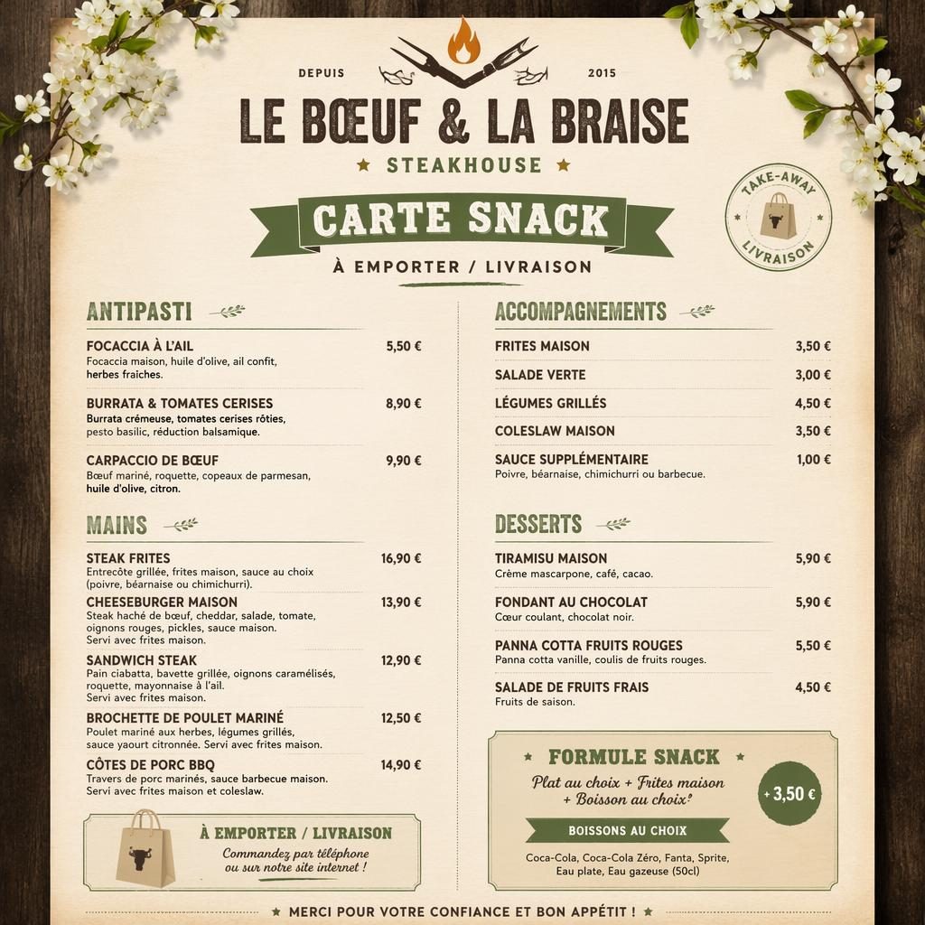 Carte snack A4 portrait de steakhouse, style rustique chaleureux, rubriques menu, prix, en-tête décoratif.