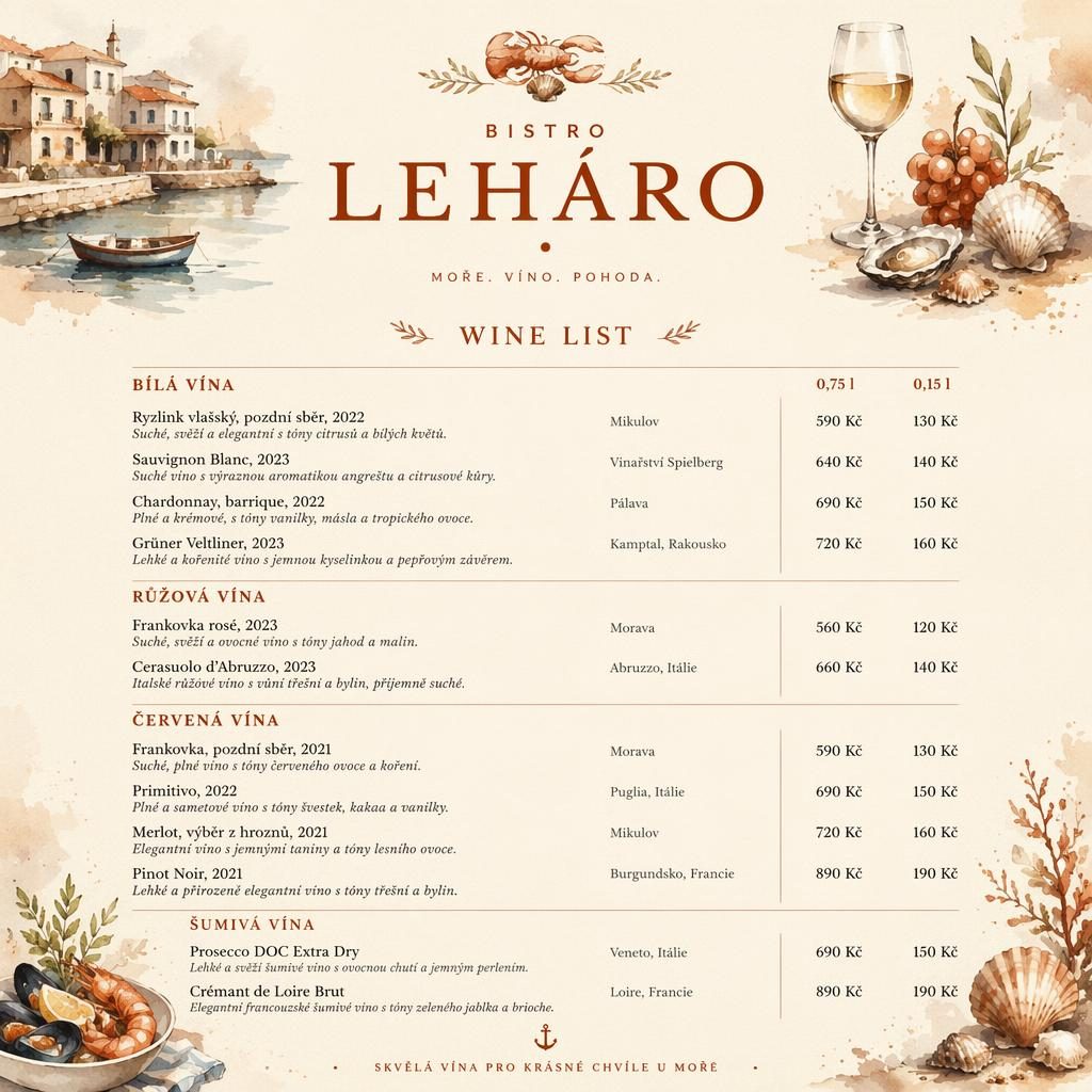 Akvarelový vinný lístek pro bistro leháro, A4 na výšku, krémová a rezavá paleta, dekorativní záhlaví a ceny.