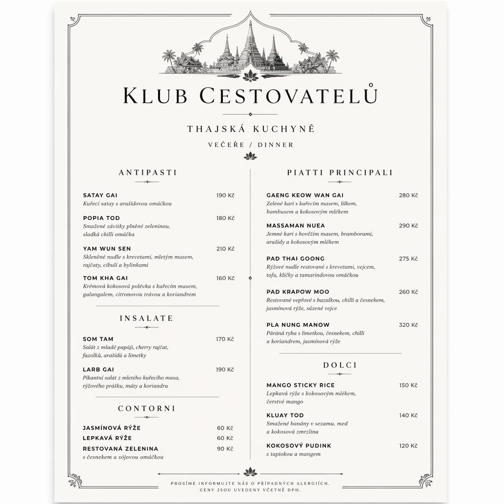 A4 menu karta pro večeři v thajském stylu, luxusní monochromní layout, sekce jídel, ceny a dekorativní záhlaví.