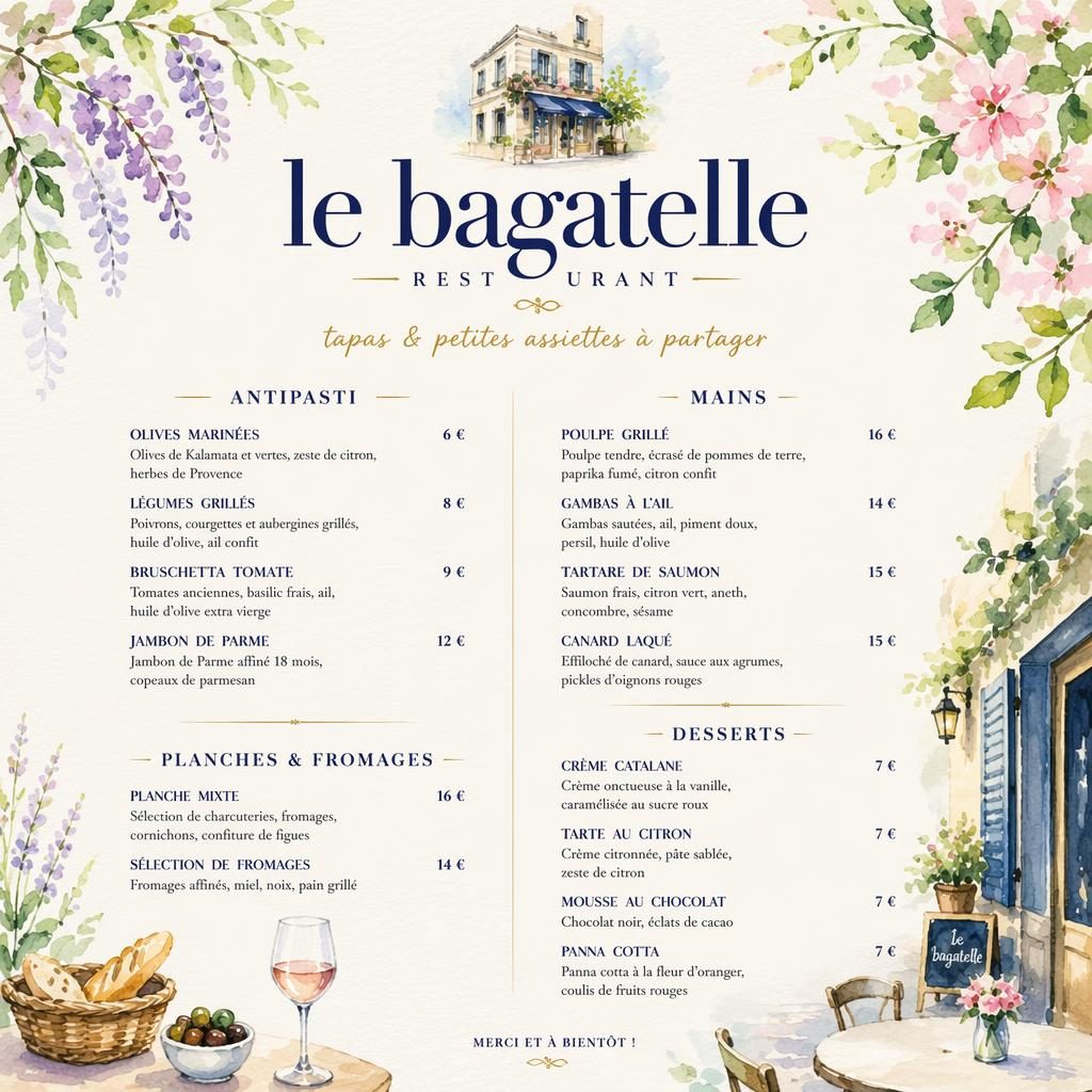 Carte des vins A4 en portrait pour le bagatelle restaurant, style aquarelle cosy, palette printanière et mise en page élégante.