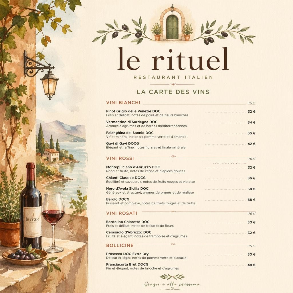 Carte des vins A4 en portrait pour le rituel restaurant, style aquarelle chaleureux, en-tête décoratif, colonnes et prix.