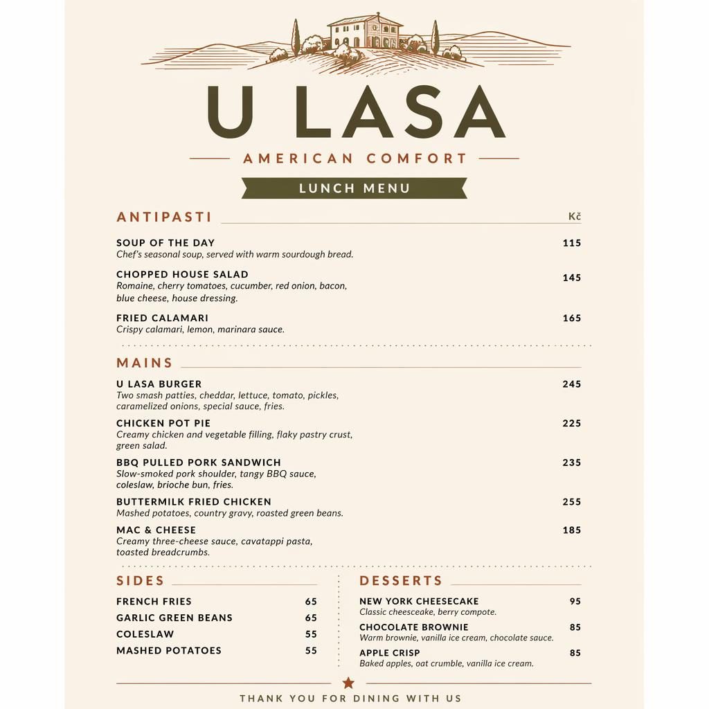 Minimalistický obědový menu card A4 na výšku pro u lasa menu v teplé zemitě laděné swiss sazbě s cenovým sloupcem.