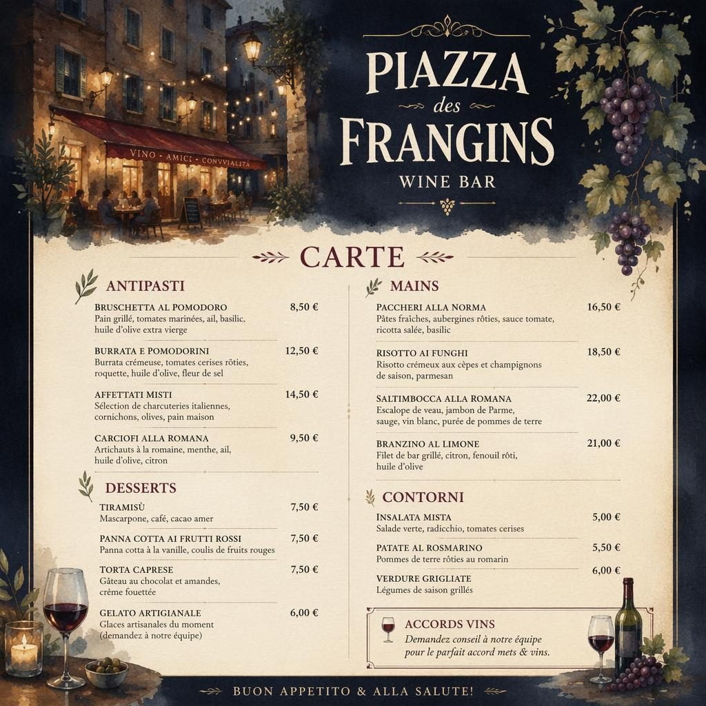 Carte de bar à vin A4 en portrait, style aquarelle sombre et chaleureux, avec en-tête décoratif, rubriques et colonne de prix.
