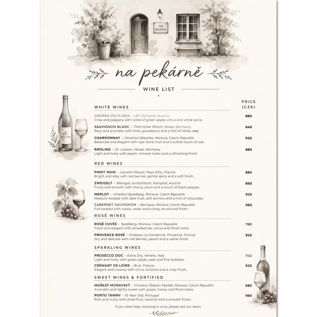 A4 vinný lístek pro na pekárně menu v akvarelovém útulném stylu, monochromní paleta, dekorativní záhlaví a ceny.