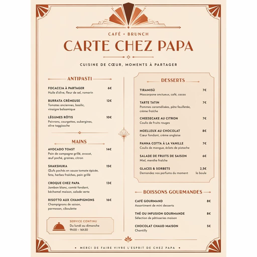 Carte de desserts A4 en style art déco, palette crème chaude et rouille, en-tête décoratif, typographie sobre et colonne de prix.