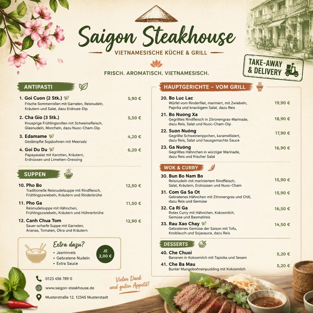 A4-Speisekarte für vietnamesische restaurant im warm-rustikalen Frühlingslook mit Abschnitten, Platzhaltertext und Preisen