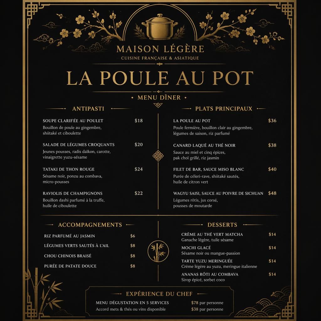 Carte de menu A4 portrait noir et or, style gastronomique luxe, avec en-tête décoratif, sections et colonne de prix.
